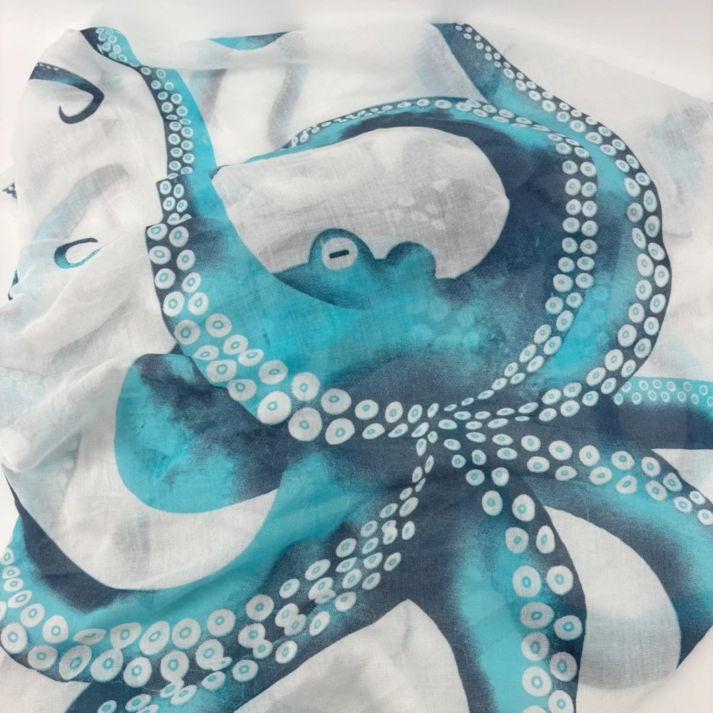 JC Sunny Just Classic Blue Octopus Print 100% Cotton Scarf Frayed Edge 28x70 - Picture 2 of 7